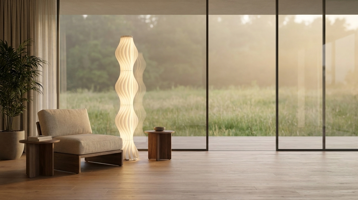 Warm Haus homepage hero — Frond floor lamp in a sunlit Japandi living room